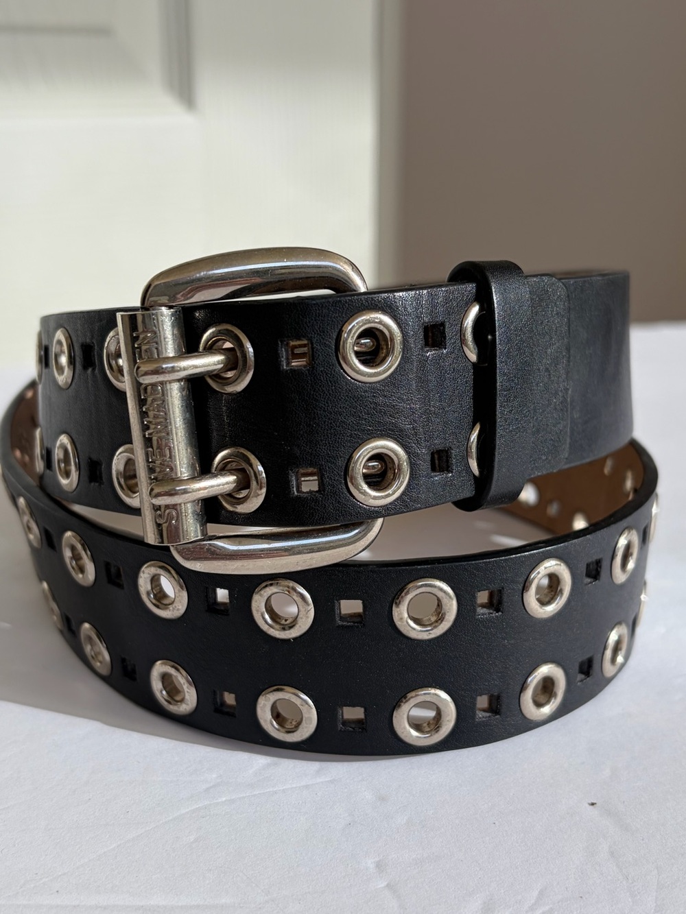 Steve Madden Fashion Double Grommet Belt Unisex Black Silver Punk Goth Rocker